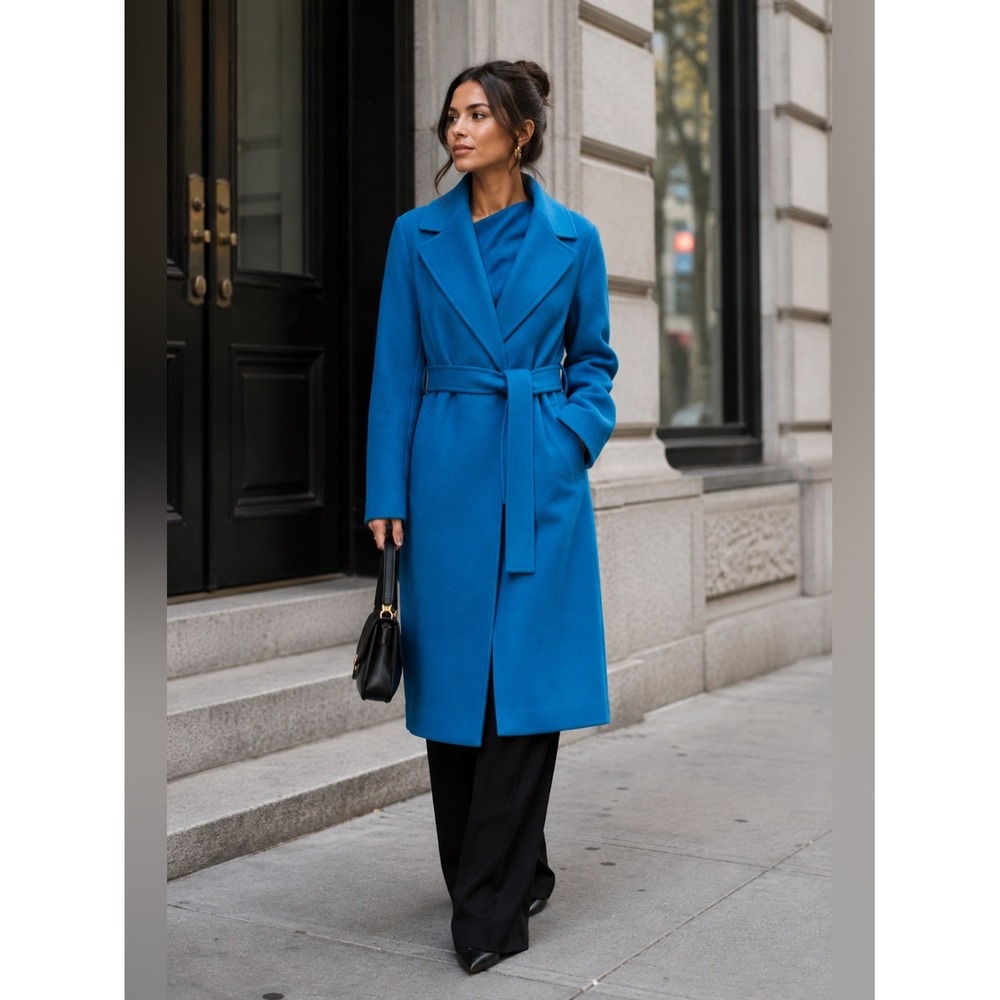 NWT REISS Lucia Belted Coat Blue Wool Blend Double Breasted Women's Sz 12